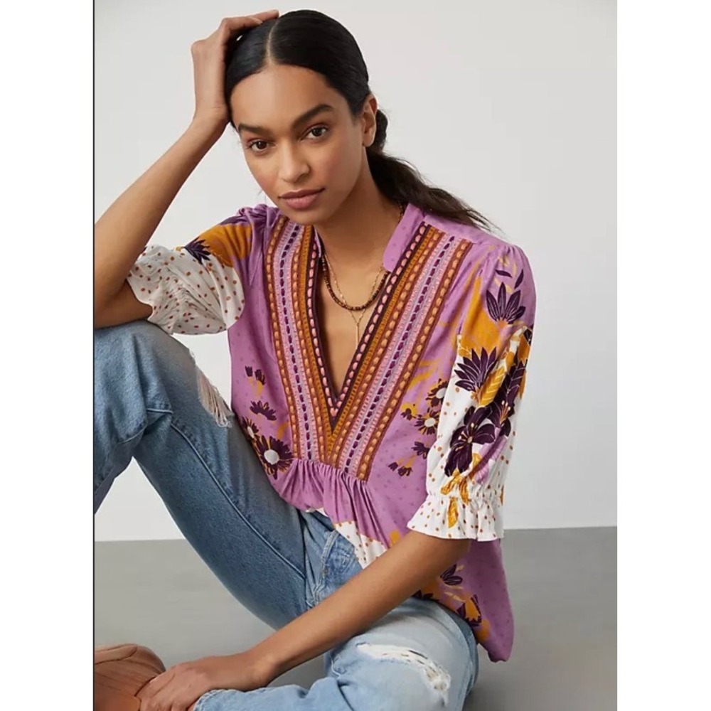 Blank London Anthropologie Stephanie Floral Embroidered Boho V-Neck Blouse Med